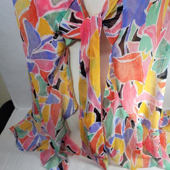 Beyond Control Colorful Floral Chiffon Tie-Front Beach Resort Cover-Up Wrap S/M - Picture 2 of 8